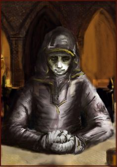 a digital painting of a man in a helmet and uniform sitting at a table with his hands folded out