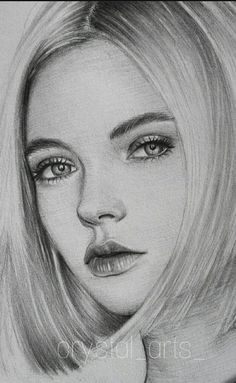 a pencil drawing of a woman's face with long blonde hair and blue eyes