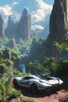 a futuristic car is parked in the middle of a mountainous area with trees and mountains