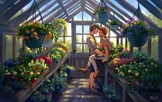 a painting of two people kissing in a greenhouse filled with potted plants and flowers