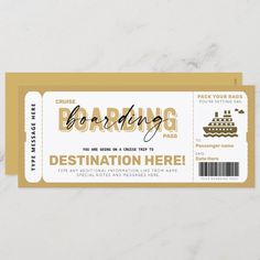 a boarding card with a cruise ship on the front and barcodes in gold