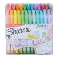 sharpie markers and pens in a box