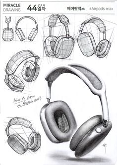 a drawing of headphones that are drawn in pencil on paper with various angles and sizes