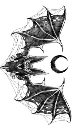 a black and white drawing of two bats with the moon in the middle, on a white background