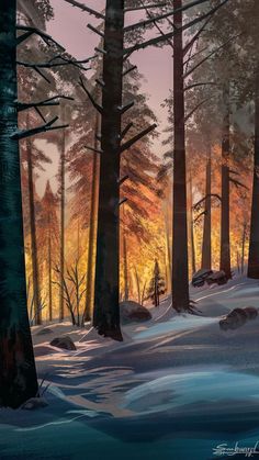 a painting of trees in the snow at sunset