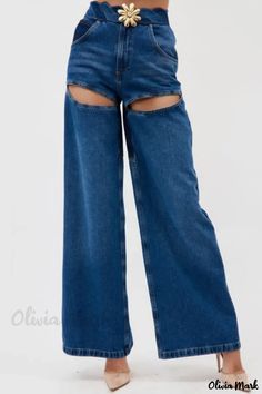 OliviaMark - Zeitgenössische Denim-Jeans - Blaues Patchwork mit Metallakzenten, hohe Taille Denim Style Casual, Suit Type, Two Piece Jumpsuit, Patchwork Jeans, Twist Knot, Metal Accessories, Denim Style, Spring Style, High Waisted Denim