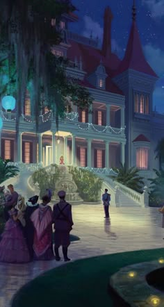 the princess and the frog is standing in front of a large building with lights on