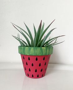 a potted plant with watermelon painted on it's sides and green leaves