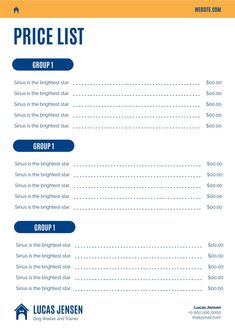 a price list for a real estate in blue and yellow with the words'price list '