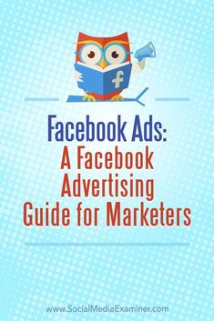 the facebook ads guide for marketers with an owl reading a book and holding a megaphone