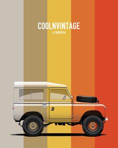 an orange and white land rover vehicle on a multi - colored background with the words coolvinitage