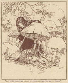 an old drawing of a woman sitting on the ground in front of mushrooms and trees