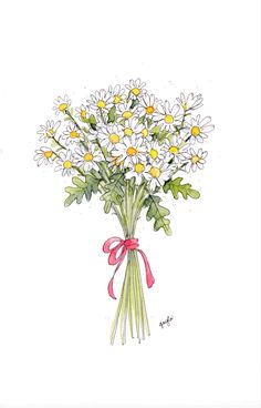 A bunch of daisies painted in watercolor and ink. Drawing Of Daisies, Bouquet Of Daisies Drawing, Daisy Print Pattern, Painted Flower Bouquets, Daisy Art Drawing, Daisy Flower Watercolor, Cute Daisy Drawing, Daisy Bouquet Drawing, Daisies Sketch