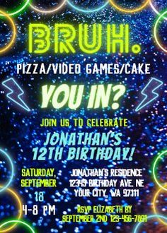 a birthday party flyer with neon lights and confetti