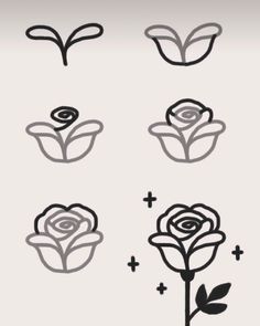 four different types of flowers with black and white outlines on the bottom, one is red