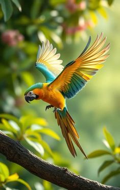 a colorful bird flying over a tree branch