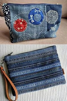 two different images of denim purses, one is blue and the other has red