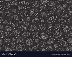 a black and white pattern with different types of breads on it's surface