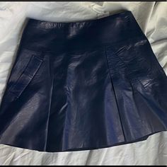 New With Tags, Never Worn, Perfect Condition, Blue Leather Mini Skirt, Perfect For Summer Or Fall, Cute With Tank Top And Wedges Or Sweater With Boots Fitted Blue Leather Bottoms, Navy Blue Skirts, Navy Blue Mini Skirt, Blue Leather Skirt, Genshin Oc, Leather Skater Skirts, 80s Skirt, Mini Pleated Skirt, Navy Blue Skirt