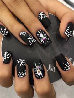 Multicolor  Collar    3D Nails Embellished   Beauty Tools Black Nails With Web, Across The Spiderverse Nails, Spider Nails Art Halloween, Nails Squared, Spider Nail Art, Ongles Halloween, Gell Nails, Halloween Nails Diy, Nail Art Halloween