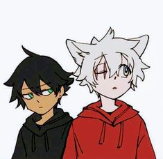 two anime characters are standing side by side, one is wearing a red hoodie