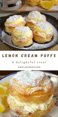 lemon cream puffs with powdered sugar on top are shown in this collage