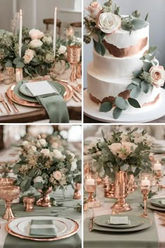 wedding cake with flowers and greenery on the top, gold plated place settings and green napkins