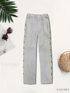 Lasaky - Womens Plus Stripe Print Elastic Button Decor Trousers with Pockets - Trendy Plus Size Casual Pants Summer Straight Pants With Button Cuffs, Trendy Wide Leg Bottoms With Buttons, Casual Summer Pants With Button Cuffs, Casual Ankle-length Pants With Buttons, High-waisted Pants With Button Cuffs For Summer, Non-stretch Ankle-length Pants With Buttons, Trendy Button-up Spring Pants, Summer Straight Pants With Button Closure, Trendy Button-up Pants For Spring