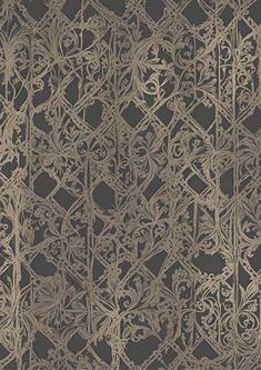 an intricately designed wallpaper pattern in gold and grey tones on a black background