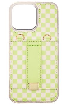 a green and white checkered phone case with two gold rings on the bottom of it