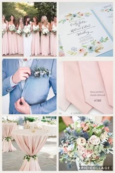 a collage of photos with flowers and wedding colors in them, including pinks, blue