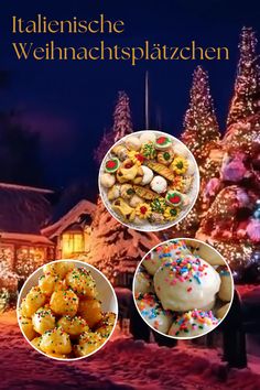 three pictures of different types of food in front of a christmas tree and lit houses