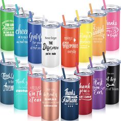 many different colored tumblers with straws in them and the words on each one