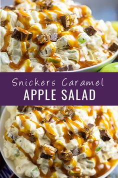 two bowls filled with apple salad and the words, snickkers caramel apple salad