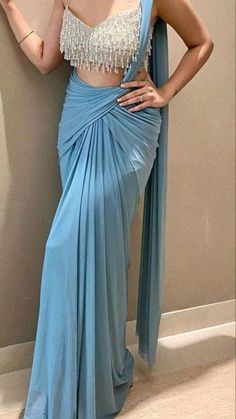 Fashion: #fashion, #style, #outfitinspiration, #beauty Sky Blue Colour Saree, Saree With Silver Blouse, Blue Colour Saree, Diwali Dress, Farewell Ideas, Saree Skirt, Saree Inspiration, Sky Blue Colour