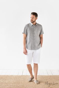 Men’s linen short sleeve shirt available in various colors and is pefect gift for upcoming father's day. This linen shirt is handcrafted from breathable linen and features coconut buttons down the front. It has one front pocket and a shirt style collar. This linen shirt is a warm-weather staple as it can look both smart or casual. Pair it with jeans or shorts and take comfort in feeling cool when the temperatures rise. Mens Wardrobe Essentials, Shirt Linen, Linen Shirt Men, Mens Linen, Linen Short, Surround Yourself