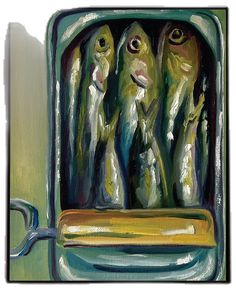 an oil painting of fish in a green container