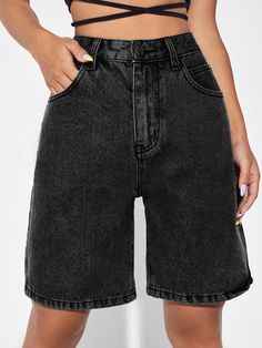 Black    Denim Plain Bermuda  Non-Stretch  Women Denim Outfit Ideas Skirt, Skort Denim, Black Shorts Outfit, Outfits Skirts, Long Jean Shorts, Outfits Skirt, Skirt Outfit Ideas, Denim Shorts Outfit, Skirts Outfits