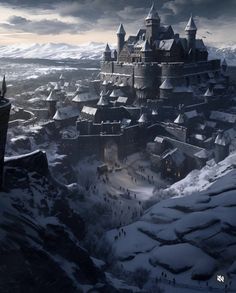 a large castle sitting on top of a snow covered hillside