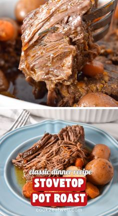 two pictures showing different types of food on plates and in the middle one shows meat, potatoes and carrots