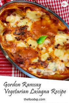 an italian lasagna recipe in a casserole dish on a red and white checkered tablecloth