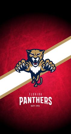 the florida panther logo on a red and white background with gold trim around its claws