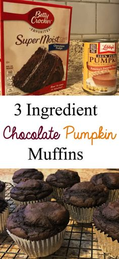 three ingredient chocolate pumpkin muffins on a cooling rack and in front of the package