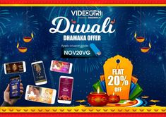 an advertisement for diwali dhamaka offer with fireworks in the sky and people holding