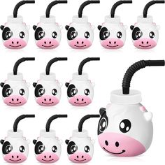 various views of a teapot shaped like a cow's head with different expressions