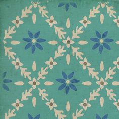 a blue and white rug with flowers in the center on a green background that looks like something out of space