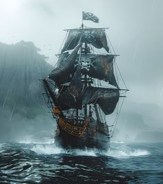 a pirate ship sailing in the ocean on a rainy day