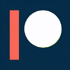 an orange and white circle is in the middle of a dark blue background with two vertical lines