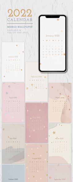 a calendar with gold stars on it and pink, blue, yellow and white paper