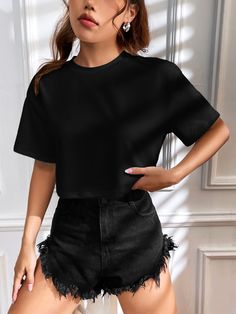 Negro Casual Collar manga corta Tela tejida Liso  Embellished Estiramiento medio  Ropa de Mujer Drop Shoulder Tee, Women T Shirts, Black Casual, Drop Shoulder, Women Clothing, Womens Tees, Knitted Fabric, Womens Tops, T Shirts For Women